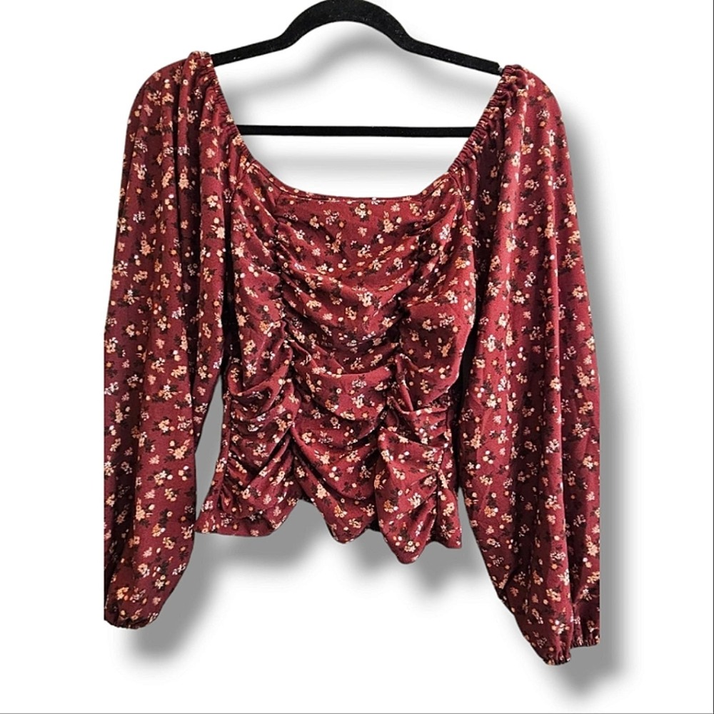 Liberty Love Maroon Red Floral Bohemian Long Sleeve Cropped Blouse Size Medium